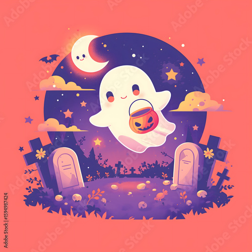 Cute Halloween Ghost Floating in Graveyard Scene


