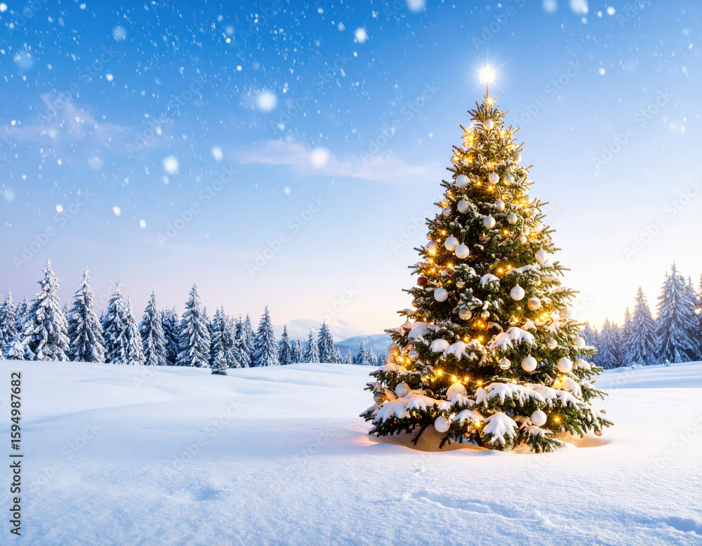 Fototapeta premium Festive christmas tree decorated with lights in a snowy winter landscape captured at dusk holiday spirit