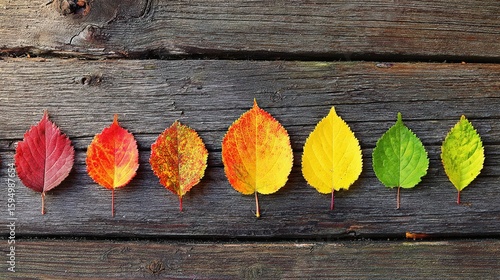A row of leaves in various colors, representing the changing seasons from green to red and yellow on wooden planks.