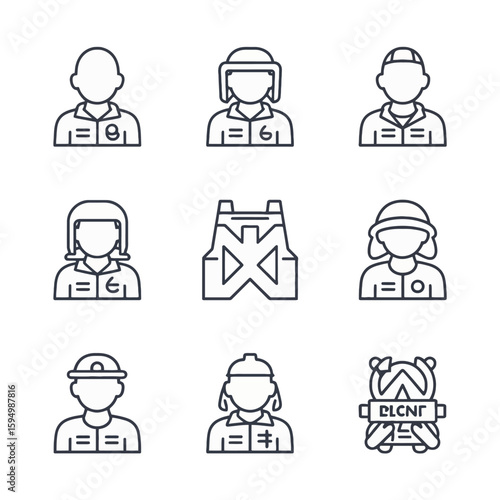 Collection of outline icons representing different professions isolated on white background