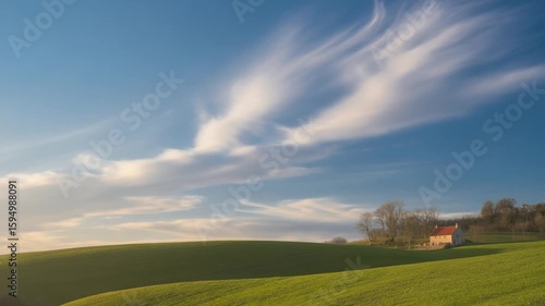 Wallpaper Mural Idyllic Countryside Landscape with Rolling Hills, Blue Sky, and Cozy Cottage Torontodigital.ca