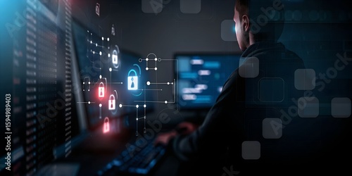 A computer user works on a system with glowing security locks, highlighting cybersecurity and data protection
