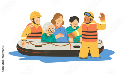 Flood rescue team evacuating women, seniors, and children from flood using inflatable boat illustration. Cartoon style, flat vector isolated on white background