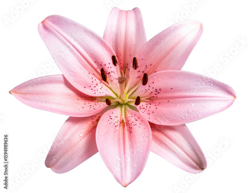 Top View of Pink Lily Bloom with Water Droplets, isolated on a transparent background”