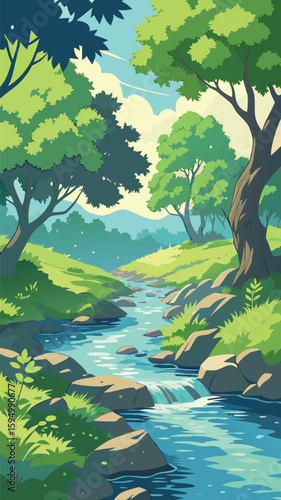 Lush Green Forest and Freshwater River Vector Design