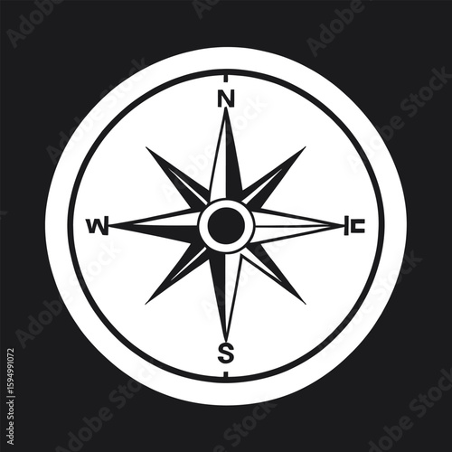 Minimalist White Compass Rose On Black Background Navigation Symbol Graphic For Nautical Designs Directional Signage And Orientation Apps