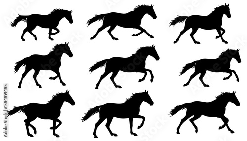 Vector set of horses silhouettes. Horse different poses isolated on transparent background. Chinese New Year of the horse 2026 symbol	
