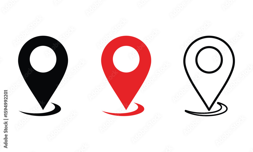 Location pointer icons in black, red and outline style Location pointer icons in black, red and outline style