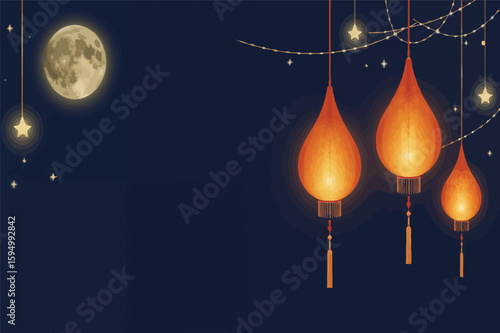 Vector art of glowing orange lanterns hang under a full moon and starry night sky, creating a magical and festive atmosphere