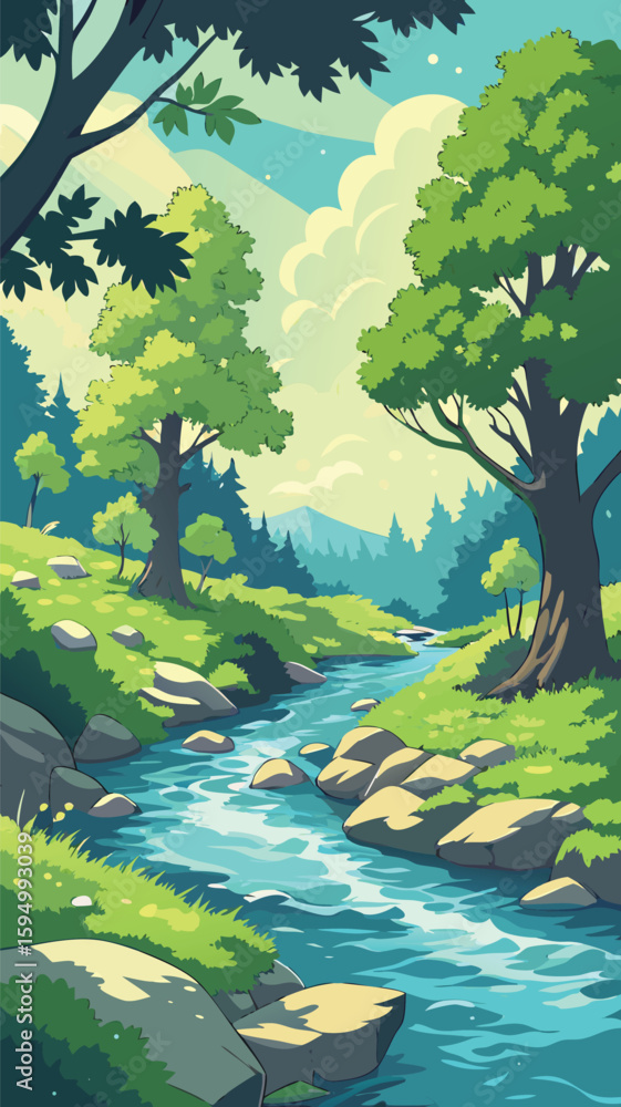 Fototapeta premium Lush Green Forest and Freshwater River Vector Design