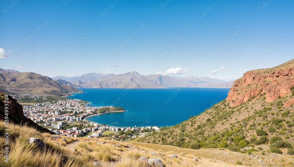 Obraz premium Scenic view of a coastal town by bright blue lake and mountains