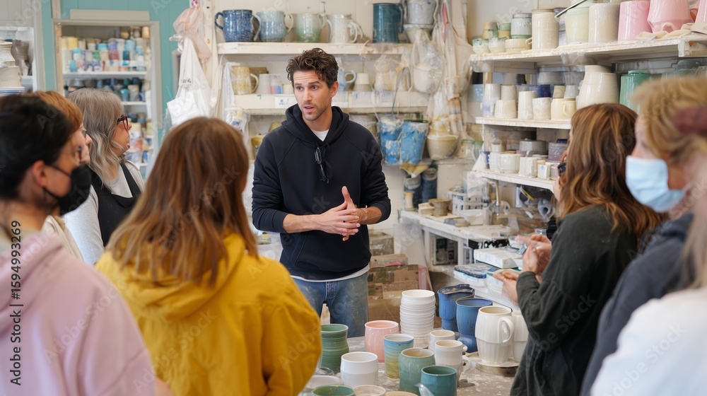 Obraz premium Pottery workshop in an art studio with participants learning and creating unique ceramics in a vibrant setting
