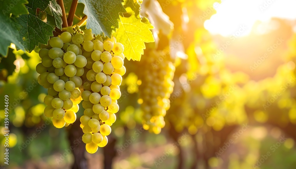 Fototapeta premium Sunlight illuminates bunches of ripe white grapes hanging from vines in a vineyard.