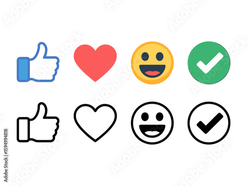 Social media reaction icons thumbs up heart smiley checkmark