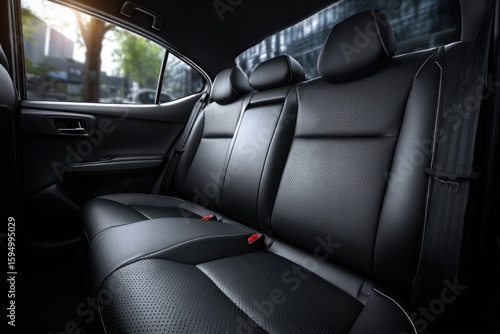 Interior view of a car's back seat.  Dark, leather-trimmed seats,  sunlight through window