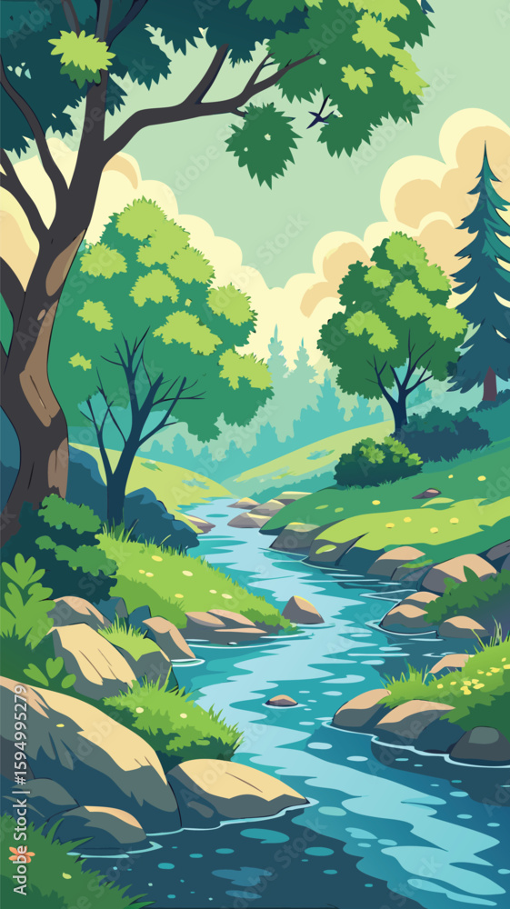 Fototapeta premium Lush Green Forest and Freshwater River Vector Design