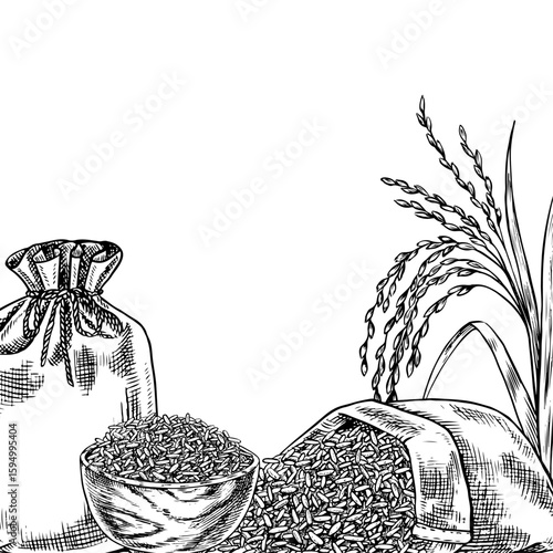 Frame - border with burlap bags and a wooden bowl with rice. Black and white graphics, vector illustrations. Design element for menus, recipes, and cookbooks. For banners, flyers, packaging, and label