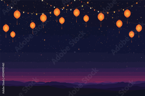 Vector art of pixel art night sky filled with glowing lanterns and twinkling stars, with a purple twilight horizon