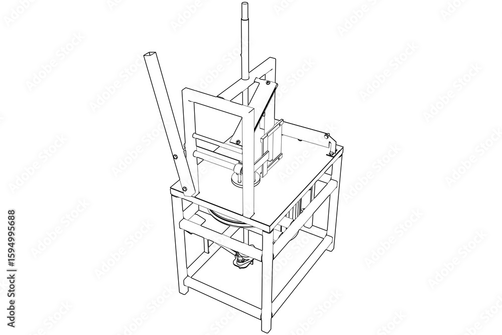 Fototapeta premium Automated Coconut Dehusking Machine Tool Line Art Blueprint. Industrial Food Processing Equipment Technical Diagram PNG Transparent for Commercial Factory Production. Precision Cutter Peeler VECTOR