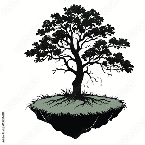Floating island with single tree, isolated on a clean background for fantasy or imagination.