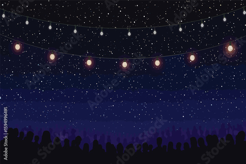 Vector art of a crowd of people enjoys a string of illuminated bulbs under a starry night sky