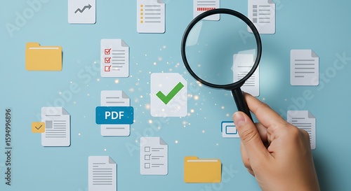 A hand uses a magnifying glass to examine documents and pdf files, representing a detailed search and verification process