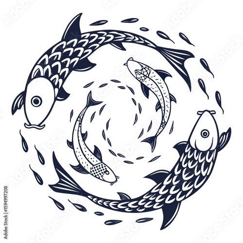 Geometric fish school with synchronized movement, isolated for unity or abstract nature.