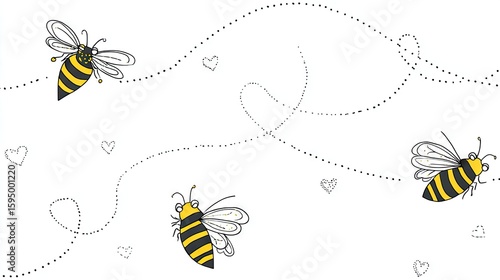 Cute cartoon bees flying on dotted lines with hearts.