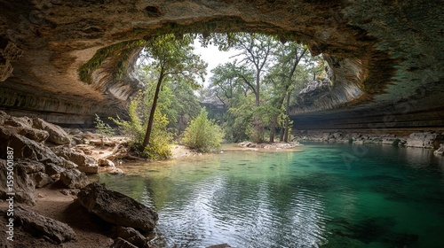 Jade water clarity in Texas Hamilton Pool collapse cave with limestone geology, geological wonder for travel guides or natural swimming hole advertisements.