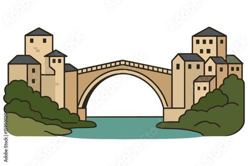 Stari Most Bridge Mostar – Vector Illustration of Bosnian Landmark