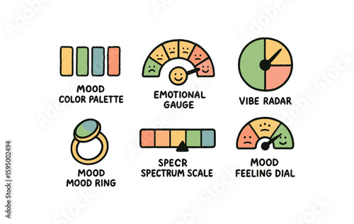 hand drawn cute doodle style isolated Mood color palette Mood emotional gauge Mood vibe radar Mood mood ring Mood spectrum scale Mood feeling dial
