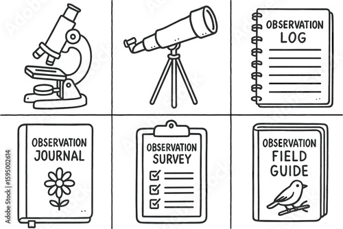 hand drawn cute doodle style isolated observation microscope lens observation telescope eyepiece observation data log observation journal notebook observation survey tool observation field guide