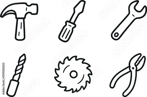 hand drawn cute doodle style isolated tools hammer head tools screwdriver tip tools wrench handle tools drill bit tools saw blade tools pliers jaw