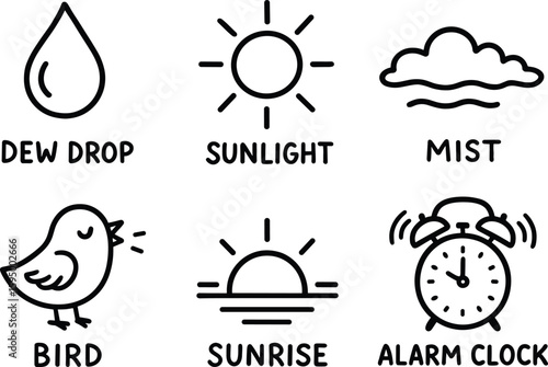 hand drawn cute doodle style isolated morning dew drop morning sun beam morning mist veil morning chirping chorus morning horizon glow morning alarm chime