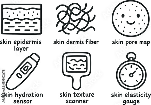 hand drawn cute doodle style isolated skin epidermis layer skin dermis fiber skin pore map skin hydration sensor skin texture scanner skin elasticity gauge