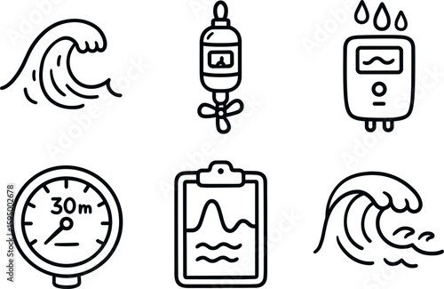 hand drawn cute doodle style isolated ocean wave crest ocean current meter ocean salinity sensor ocean depth gauge ocean tide chart ocean surf break