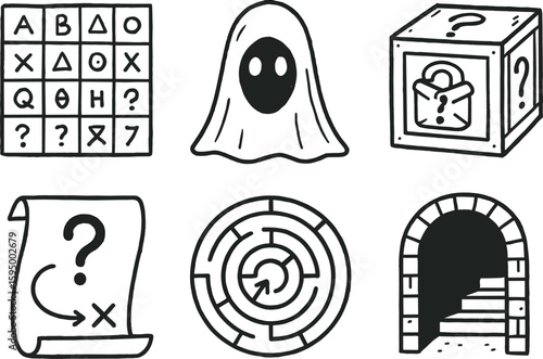 hand drawn cute doodle style isolated mystery cipher code mystery veil shroud mystery puzzle box mystery hidden clue mystery labyrinth maze mystery secret passage