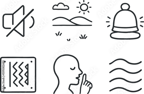 hand drawn cute doodle style isolated silence mute button silence tranquil field silence meditation bell silence soundproof panel silence whisper mark silence stillness wave