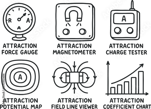 hand drawn cute doodle style isolated attraction force gauge attraction magnetometer attraction charge tester attraction potential map attraction field viewer attraction coefficient chart