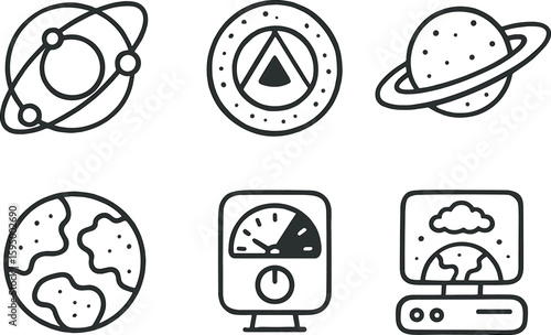 hand drawn cute doodle style isolated planetary orbit model planetary core simulation planetary ring diagram planetary surface map planetary albedo meter planetary atmosphere simulator