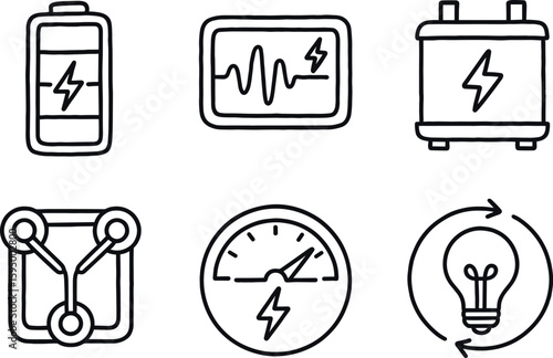 hand drawn cute doodle style isolated energy bar cell energy waveform display energy storage unit energy flux capacitor energy meter gauge energy conservation diagram