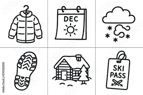 hand drawn cute doodle style isolated winter coat hanger winter solstice calendar winter storm tracker winter boot sole winter cabin model winter ski pass