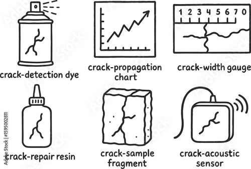 hand drawn cute doodle style isolated crack detection dye crack propagation chart crack width gauge crack repair resin crack sample fragment crack acoustic sensor