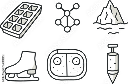 hand drawn cute doodle style isolated ice cube tray ice crystal lattice model iceberg scale replica ice skate blade ice rink surface ice core sampler