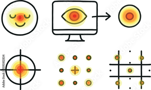 hand drawn cute doodle style isolated gaze tracking camera gaze heatmap overlay gaze direction arrow gaze focal point marker gaze fixation cross gaze calibration