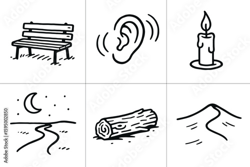 hand drawn cute doodle style isolated lones empty bench lones echo chamber lones solitary candle lones moonlit path lones driftwood log lones desert dune