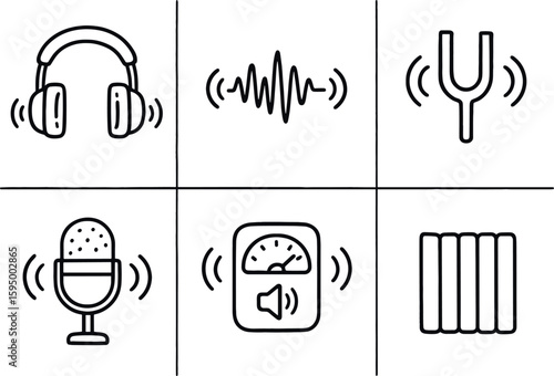 hand drawn cute doodle style isolated listening headphones listening audio waveform listening tuning fork listening echo microphone listening sound meter listening acoustic panel