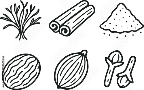 hand drawn cute doodle style isolated spices saffron threads spices cinnamon bark spices turmeric powder spices nutmeg seed spices cardamom pod spices cloves bud