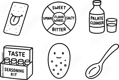 hand drawn cute doodle style isolated taste tongue strip taste flavor wheel taste palate cleanser taste seasoning kit taste tastebud sensor taste tasting spoon