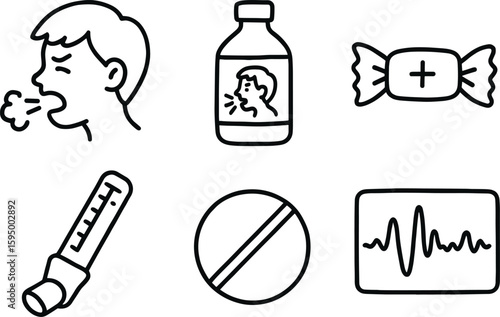 hand drawn cute doodle style isolated cough cough reflex arc diagram cough syrup bottle cough drop wrapper cough peak flow meter cough suppressant tablet cough sound spectrogram